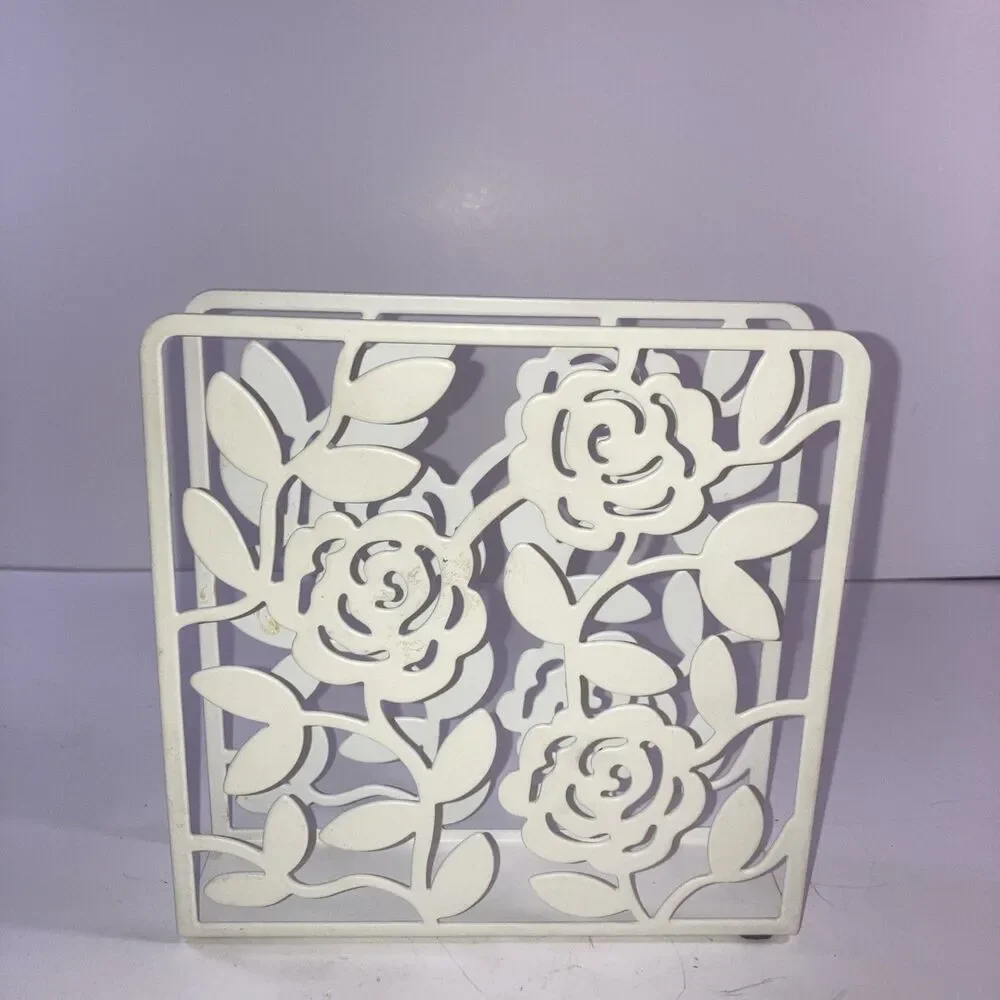 White Metal Rose Floral Napkin Holder Cottage Farmhouse Shabby Chic Decor